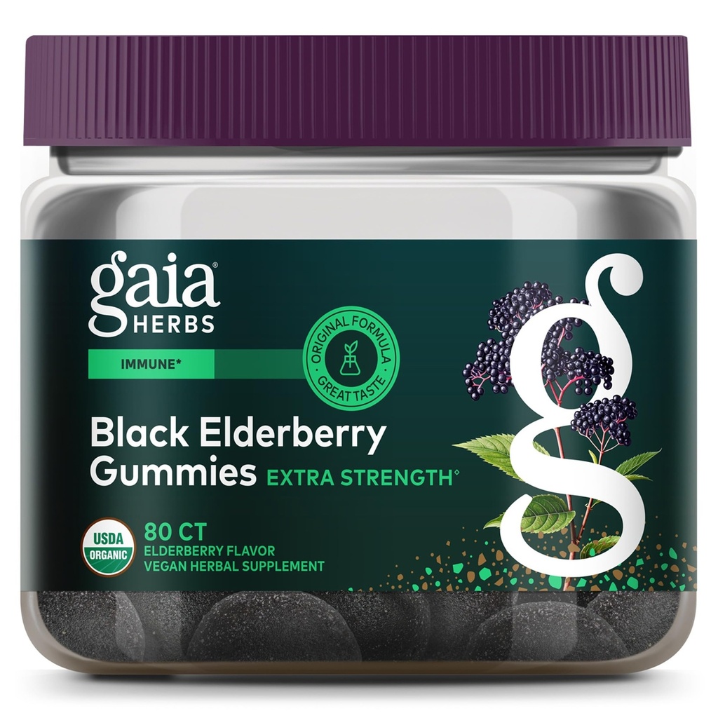 Gaia maitsetaimed Black Elderberry (Sambucus Nigra) Extra Strength Gummies - Maitsev Immune Support Supplement - Made with Certified Organic Black Elderberries for Immune System Support - 80 Gummies