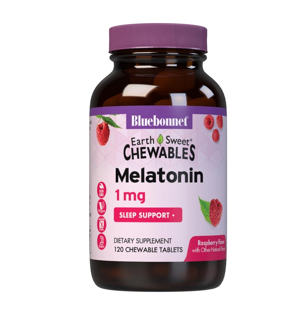 Bluebonnet Nutrition EarthSweet melatoniin 1 mg Fast-Acting Quick Dissolve Nighttime Lõdvestamine & Restful Sleep Support - Uneabi - Gluteenivaba, vegan - Vaarikamaitse - 120 närimistabletti