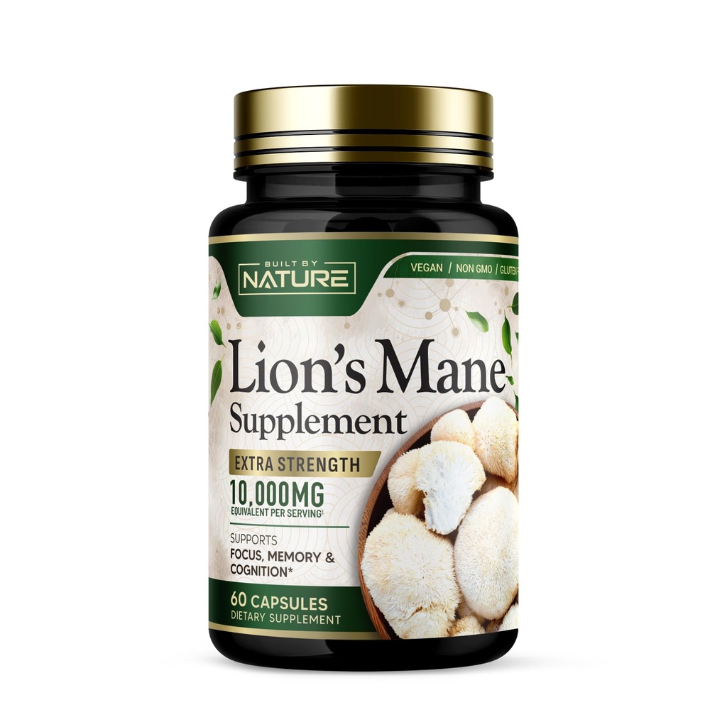Ehitatud Nature Lion's Mane 10 000mg - Nootroopse ajutoe lisand - fookus, mälu ja kognitiivsed funktsioonid - mitte-GMO, gluteenivaba, vegan - 60 kapslit