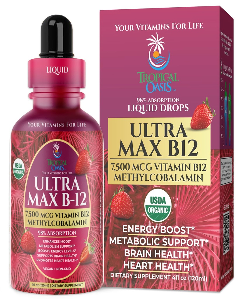 USDA orgaaniline Ultra Max B12 | Superdoos 7500mcg Vitamiin B12 Vedelad tilgad | B12 Metüülkobalamiinina | Max 98% Neeldumismäär | Edendab energiat | Vegan, Non-GMO, maasikamaitse -4oz