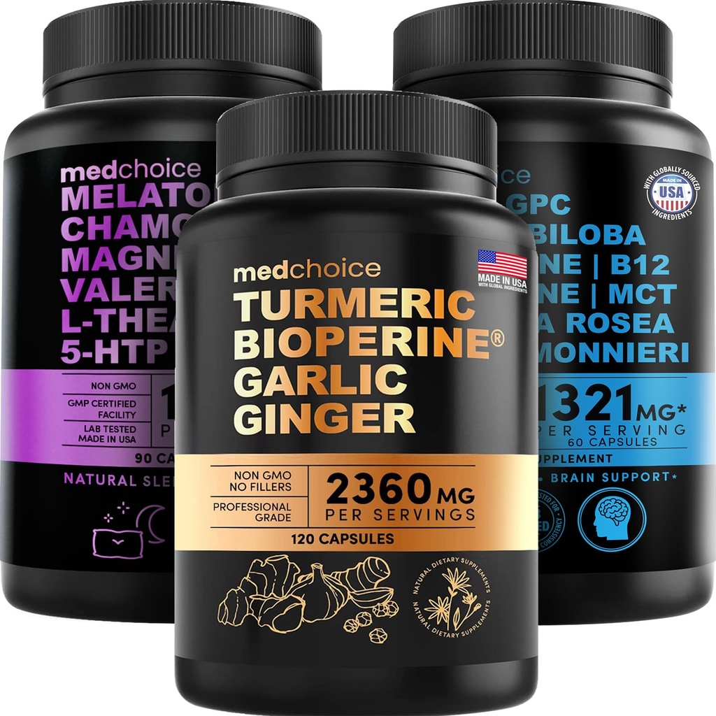 MEDCHOICE kurkum ja ingver (120ct), une melatoniin (90ct) ja nootroopne aju (60ct) täienduspakett - tervise trio aju, une ja immuunsuse toetamiseks - vegan, mitte-GMO, gluteenivaba