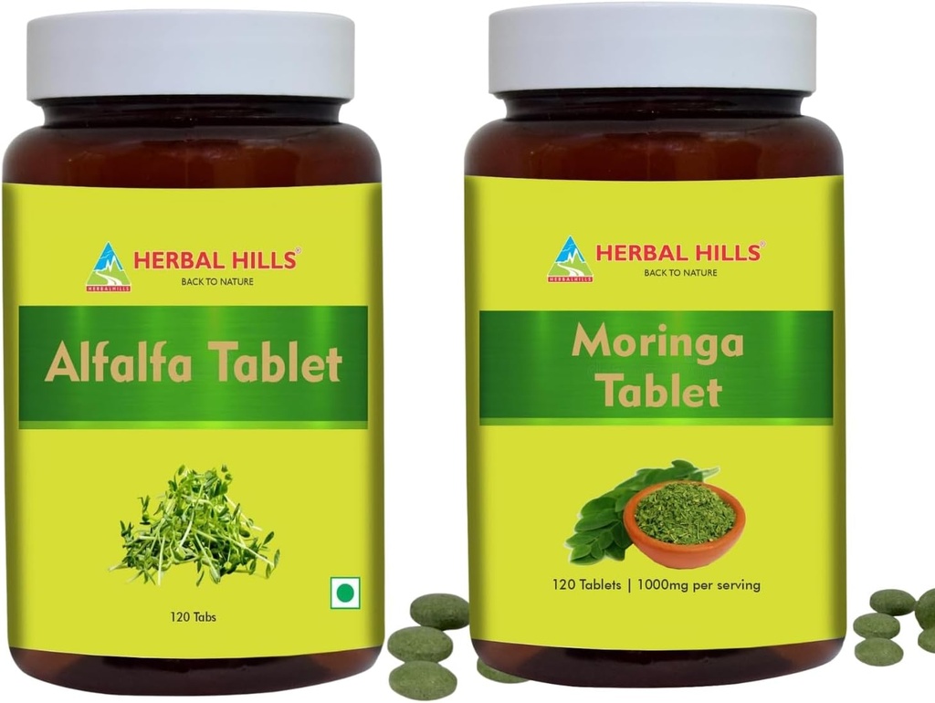 HERBAL HILLS Alfalfa Tablett ja Moringa Leaf Tablett Pakendis 2 Combo