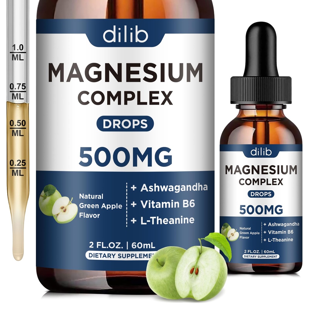 Kolmekordne magneesiumi komplekslisa - magneesiumglütsinaat, tsitraat, malaatvedel tilk 500mg koos ashwagandha, L-Theanine, B6 rahu, stressi leevendamine, uni, lihastugi-roheline õunamaitse