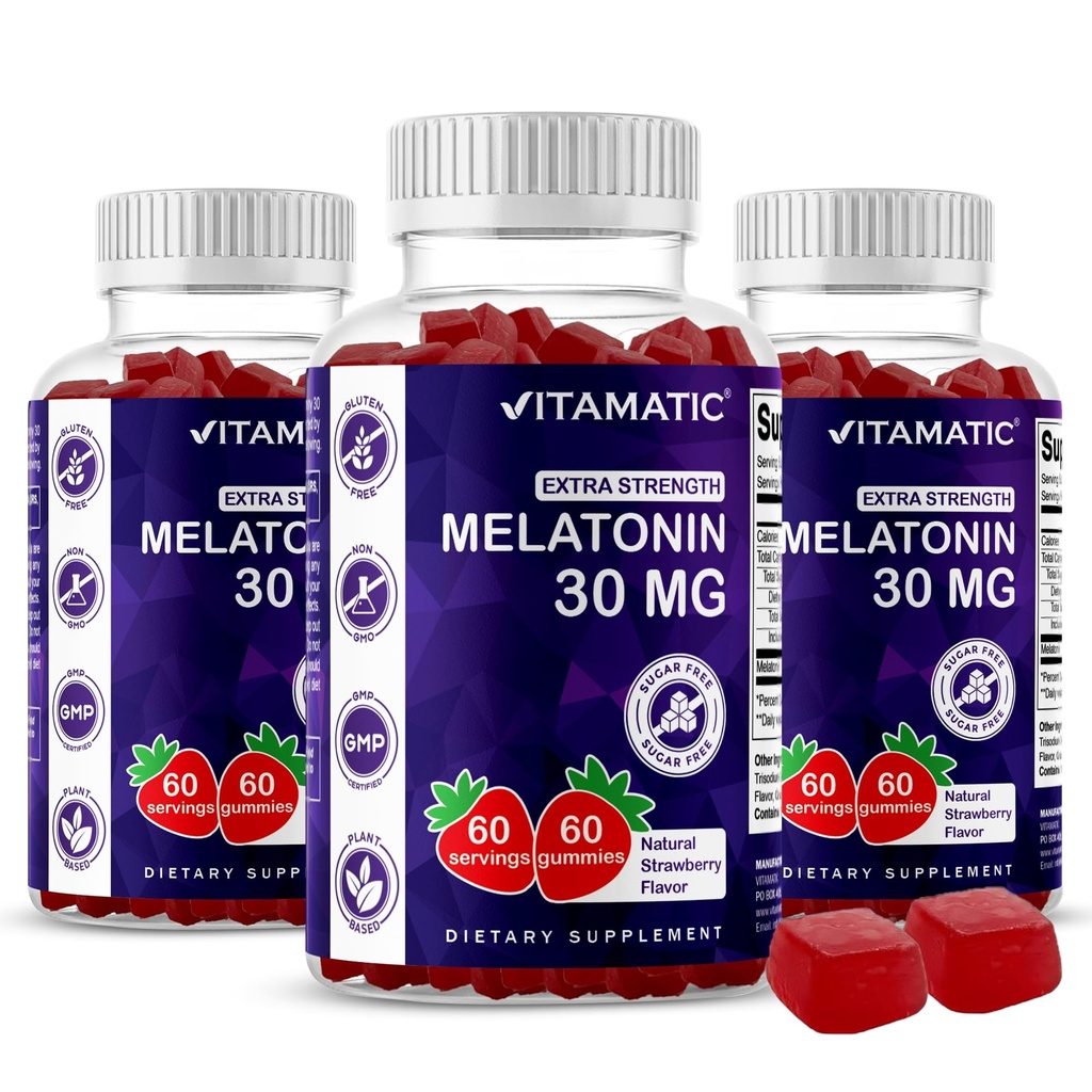 Vitamatic Sugar Free Melatoniin 30mg kohta Gummy - 60 Servings - 60 Taimetoitlaste Gummies - Non-Habit Forming Supplement (60 Count (3. pakk))