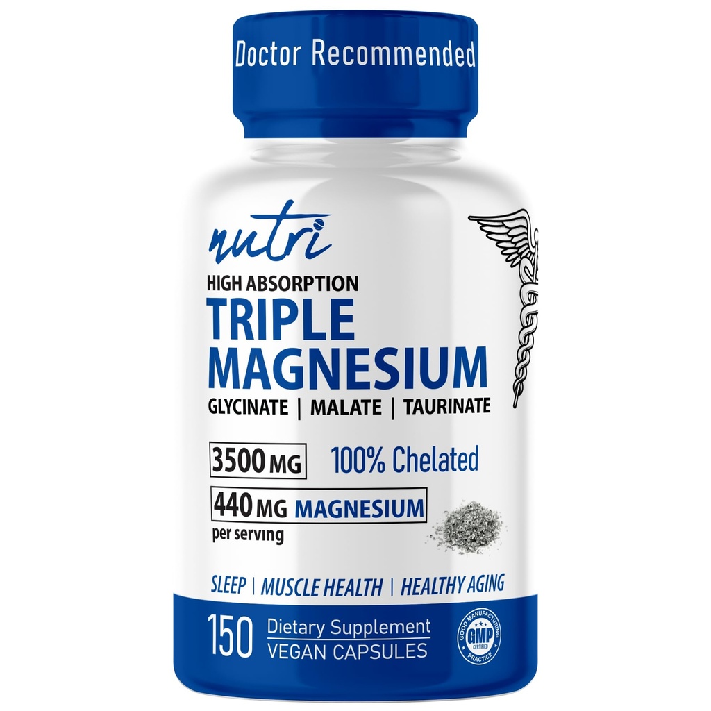 Nutri kolmekordne magneesiumkompleks 440mg - magneesiumglütsinaat, malaat ja taurinaat - 100% kelaaditud maksimaalse imendumise jaoks - 120 vegankapslit - kolmekordne kompleks Magneesium - Magneesium kolmekordne kompleks