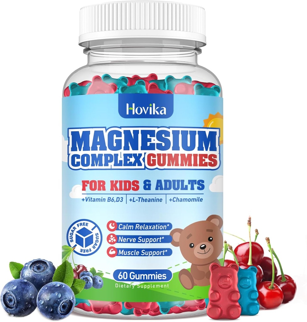 Lapsed Magneesium Gummies - Magneesium Glütsinaat tsitraat närimislisandi vitamiin B6, D3, Passion Flower, L-theanine - Sugar Free Calm Magneesium lastele ja täiskasvanutele Sleep, meeleolu, Lõõgastav, 60 närimist