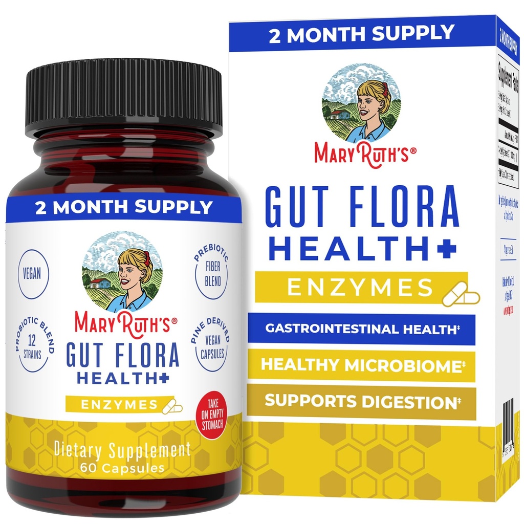 MaryRuth’s Gut Flora Health+ Enzymes | Prebiotic & Probiotic Digestive Enzymes for Healthy Gut Biome & Digestive Support | Gastrointestinal Health | CLP Certified | 60 Capsules | Up to 2 Month Supply