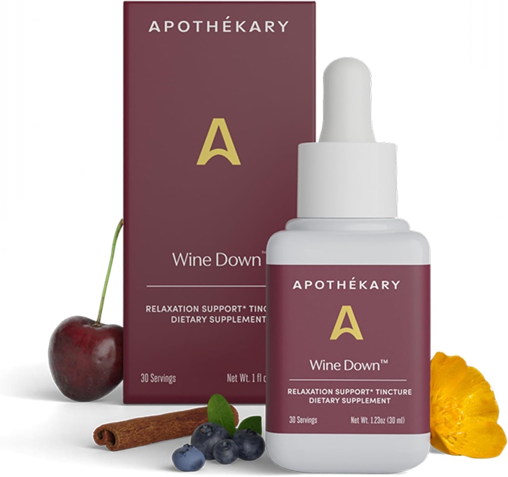 Apothékary Wine Down, Natural Sleep ja Lõõgastav toetus, Alkoholivaba punase veini inspireeritud taimsete vedelike tilgad, Koosneb Blue Vervain, Tart Cherry ja California Poppy, 1 oz, 30 Servings