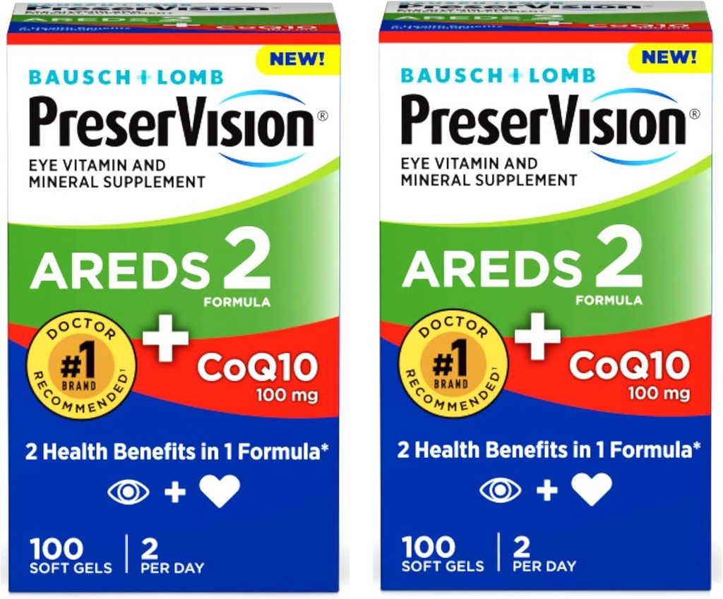 PreserVision Eye Vitamiin & Mineral Supplement AREDS 2 valemit + CoQ10, 2-in-1 kasu tervisele, 100 Softgels (2 päevas) Pakend 2