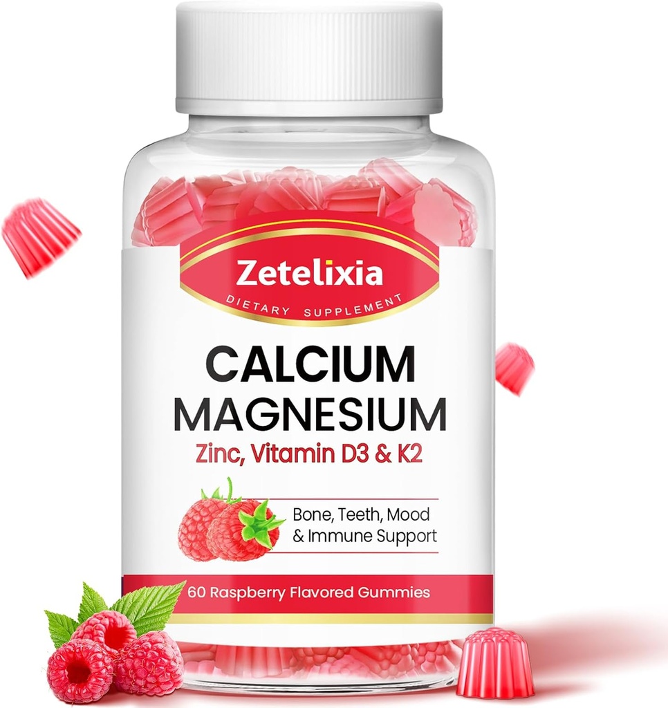 Kaltsium Magneesium Tsink Kummid Vitamiin D3 & K2, Kaltsium Kummid B0nes Lihased, Naised Ja Mehed, Vaarika Maitse - 60 Count