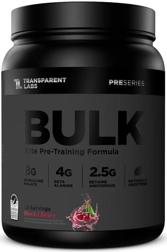 Läbipaistev Labs Bulk Black Pre Workout - Kliiniliselt Dosed, Sugar Free Preworkout meestele ja naistele Beta Alanine Pulber, tsitrulliinmalaat ja kofeiin - 30 Servings, Black Cherry
