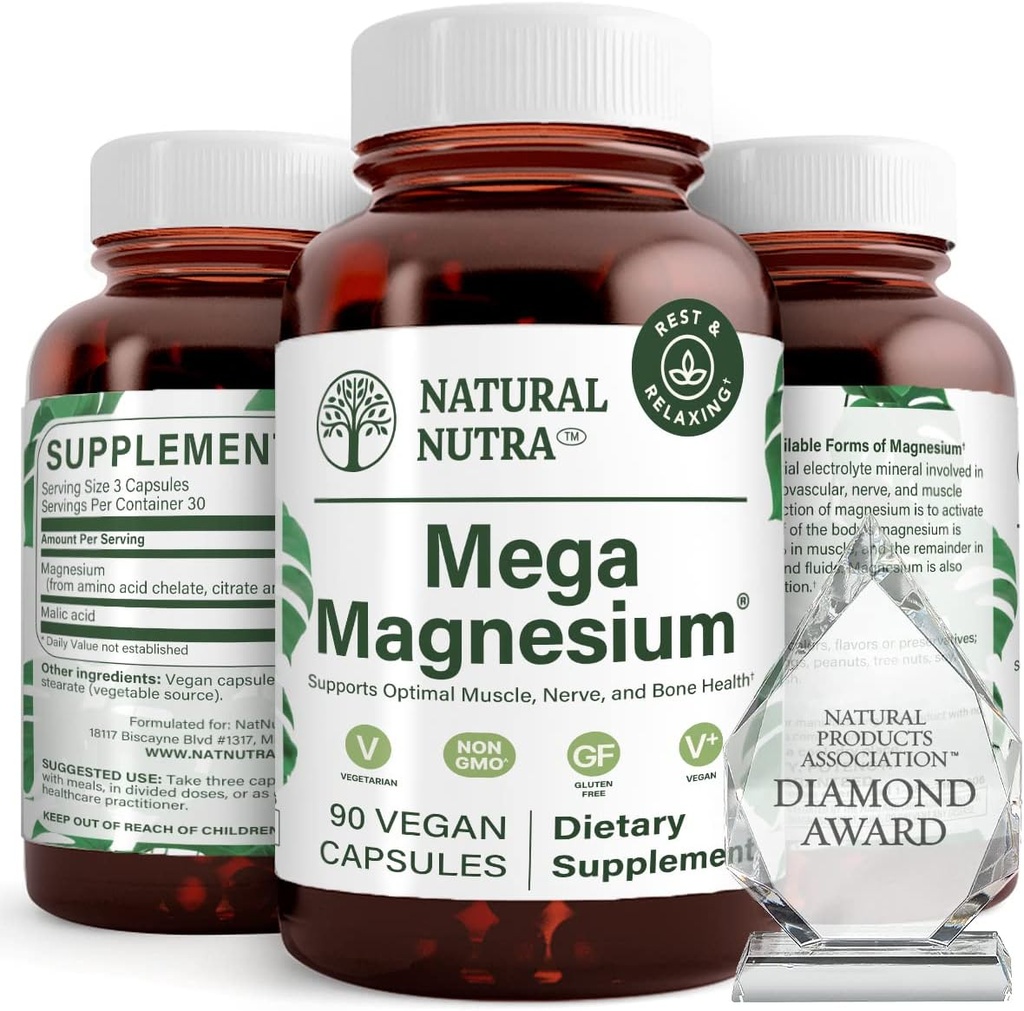 Looduslik Nutra Mega Magneesium 400mg täiendus - kõrge imendumine Aminohappe kelaat, tsitraat, malaadi segu lihaste kasvuks, luu tugevus, südame tervis, närvi tugi - 90 kapslit (pakk 2)