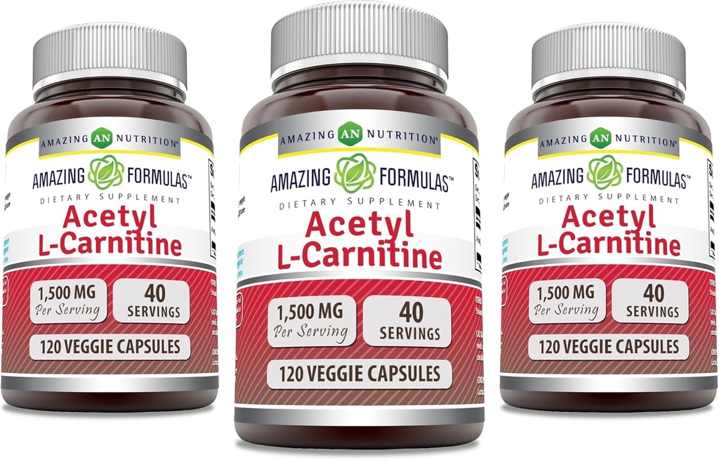 Hämmastav valem Atsetüül L-karnitiin 1500 Mg ühe serveeritava köögiviljakapsli kohta | Mitte-GMO | Gluteenivaba | valmistatud USAs | Sobib taimetoitlastele (120 loend) | Pakend 3