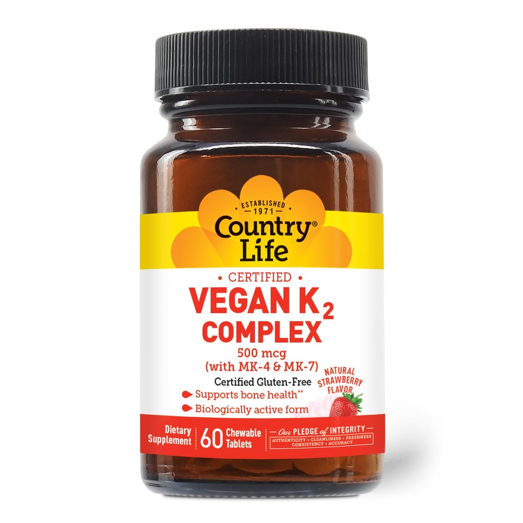 Country Life® Vegan K2-500 mcg, 60 Ct. närimistabletid. Maasikamahl - sertifitseeritud gluteenivaba - AVA sertifitseeritud vegan - luude tervise toetamiseks