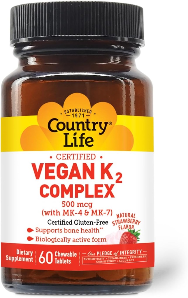 Country Life® Vegan K2-500 mcg, 60 Ct. närimistabletid. Maasikamahl - sertifitseeritud gluteenivaba - AVA sertifitseeritud vegan - luude tervise toetamiseks