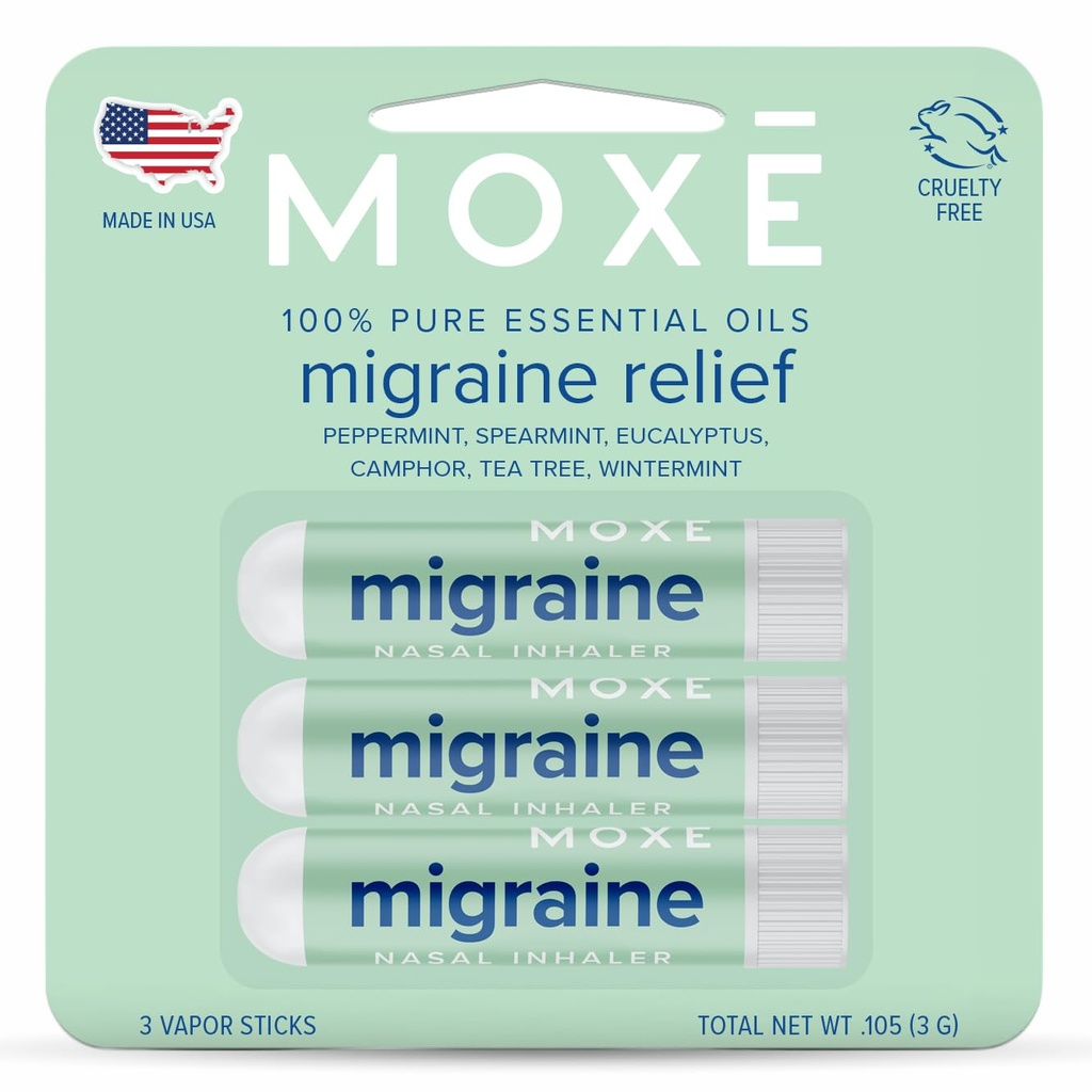 MOXE Migreen Relief nina inhalaatorid, eeterlikud õlid peavalu ja pingete leevendamiseks, kaasaskantav aroomiteraapia, lihtne kasutada, puhas ja lahjendamata, piparmünt, Spearmint, Eukalüpt, teepuu, USA Made, 3 Pack