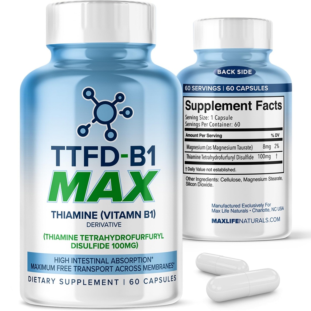 TTFD Tiamiin B1 täiendus 60Capsules valmistatud USA-tiamiin TTFD Vitamiin B1 MAX, suure võimsusega toidulisand energia ja fookuse jaoks, toetab tervislikku närvifunktsiooni ja üldist heaolu MaxLife Naturals