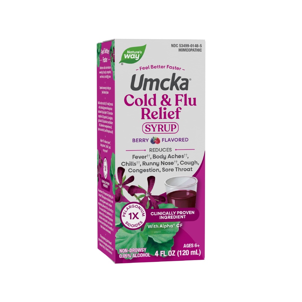 Nature's Way Cold+Flu Relief Syrup, Umcka, Palavik *, valulik kurk, köha, ummistused, kehavalud *, homöopaatiline, fenülefriinivaba, 0,05% alkohol, marjamaitseline, 4 Fl Oz (pakendamine võib varieeruda)