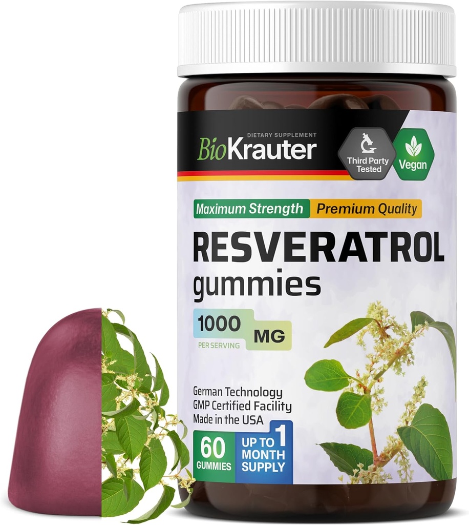 BIO KRAUTER Resveratrol Gummies - 1000 mg Tugevus - 60 Vegan närimist - 98% Puhas trans- resveratrooli lisand - Antioksüdandi tugi