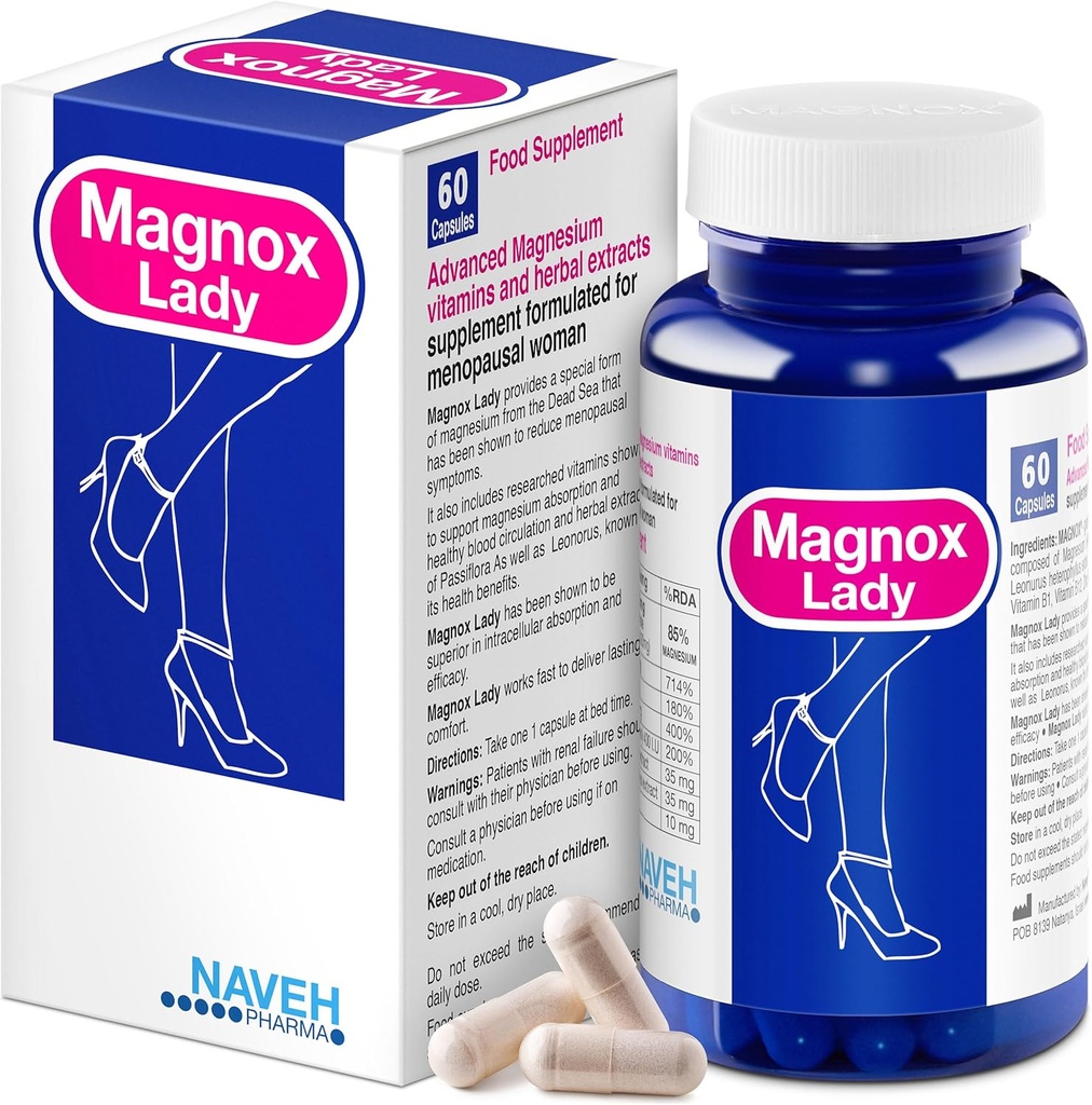 MAGNOX® Lady Magnesium Supplement | Menopaus ja PMS Support Supplement for Women | Magneesium Kompleks vitamiinidega B6, B1, B12, D, Tsink | Kõrge imendumisega Surnumere Orgaaniline | 60 Taimekapslit