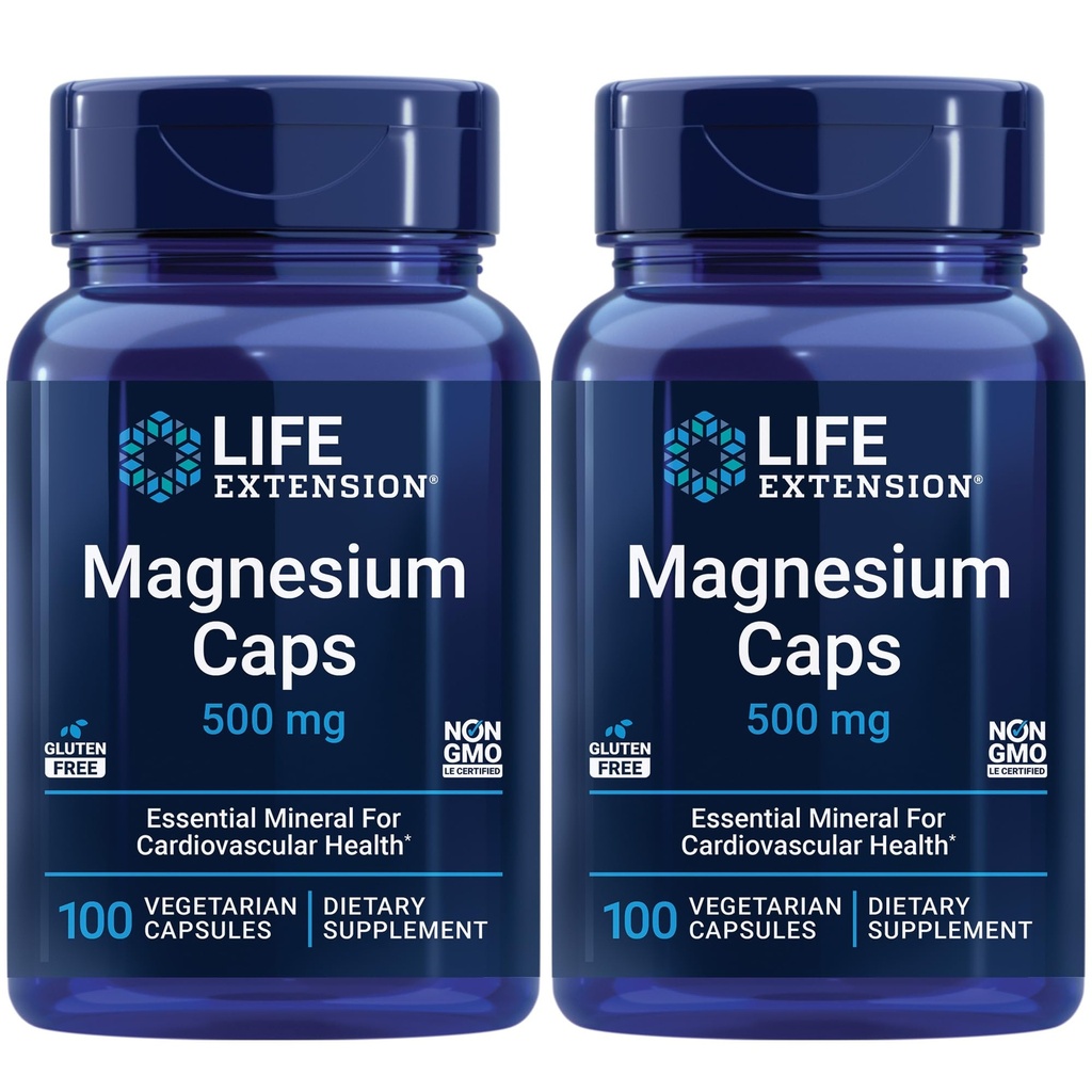 Eluea pikendamine Magneesium kapslid, 500 mg, magneesiumsuktsinaat, südame tervis, terved luud, ainevahetuse tugi - Pakend kaks - 2 x 100 taimekapslit