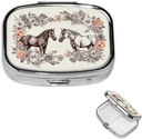 Pill Box Flows and Horses Hand Drawn Square Pill Case for Purse & Pocket 2 Compart Medicine Pill Organizer Portable Travel Pillbox Medicine Vitamin Cod Maksaõli Ladustuskarp