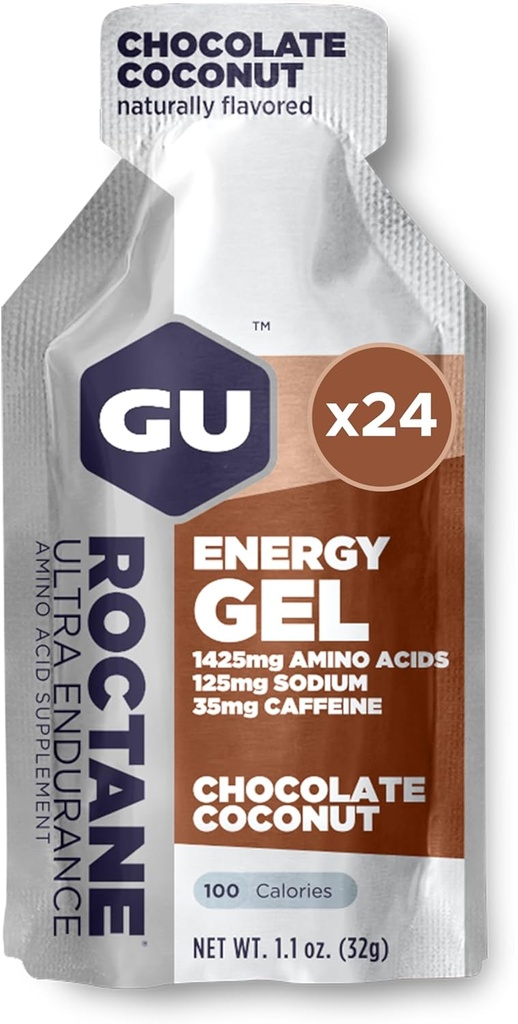 GU Energy Roctane Ultra Endurance Energy Gel, Vegan, Gluteenivaba, Kosher ja Piimavaba On-The-Go Sport Toitumine jooksmiseks, jalgrattasõiduks, matkamiseks või suusatamiseks, Chocolate Coconut, 24-Count