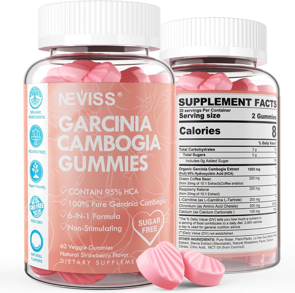 Sugar Free Garcinia cambogia Gummies 1000mg 95% HCA L-karnitiin, Vaarika Ketone, Chromium, Green Coffee Bean Metabolism, Energia Boost, 100% Orgaaniline ekstrakt, Vegan, Maasika Maitse 120 Ct