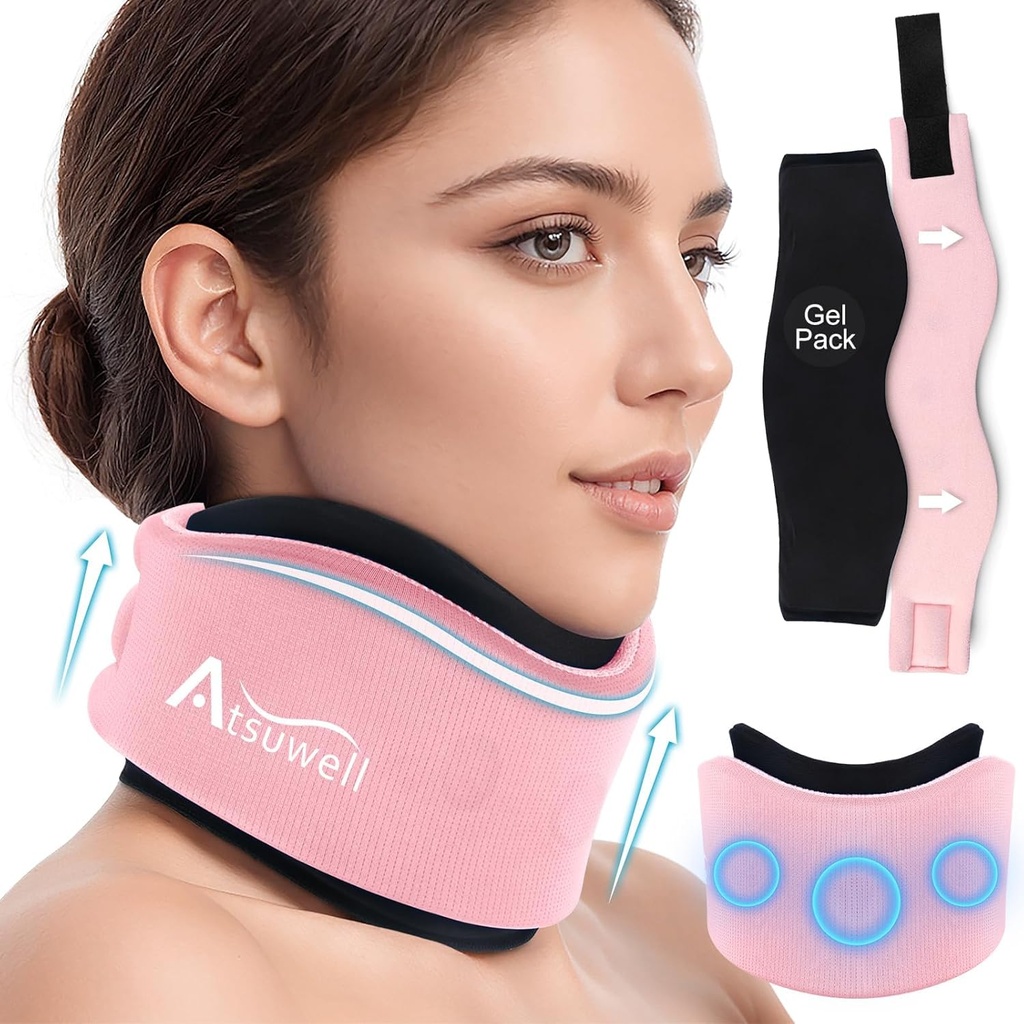 Atsuwell Soft Neck Brace Cervical Collar, Reguleeritav kaelatoe traks eemaldatava geelpakendiga, korduvkasutatav jäämähis õigeks asendiks, magamine, roosa