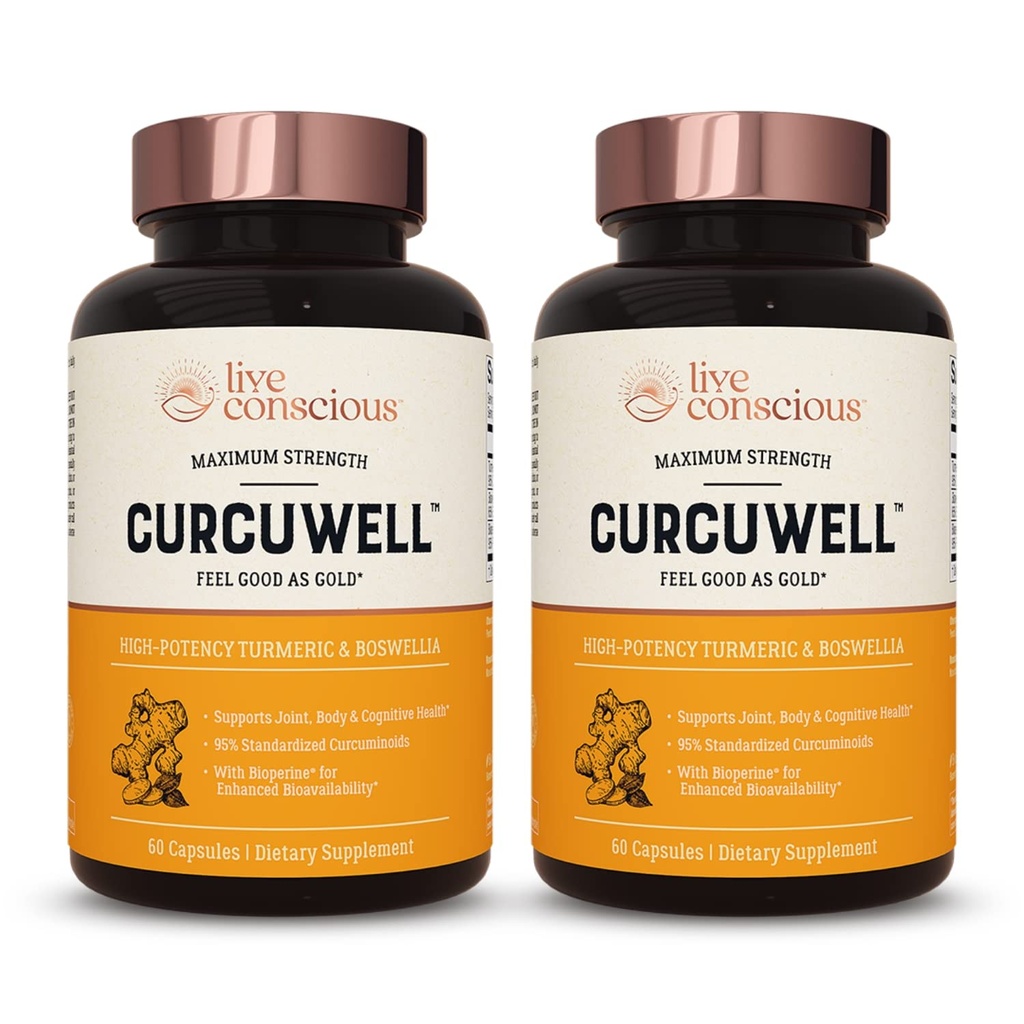 Live Conscious CurcuWell - Curcumin and Boswellia Blend | Maksimaalne tugevus ühine, keha ja kognitiivne tugi - 60 päeva pakkumine (2-Pack)