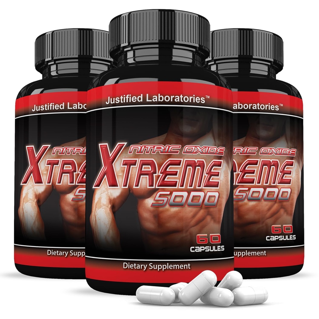 Justified Laboratories (3 Pack Lämmastikoksiid Xtreme 5000 Advanced Men's Heath Formula 60 Capsules)