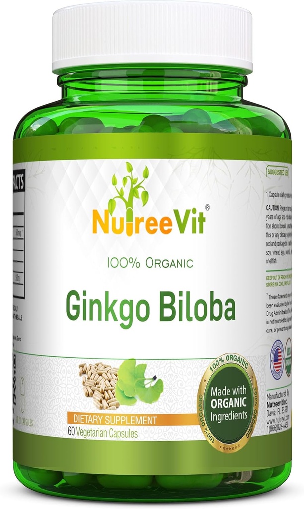 NutreeVit 100% orgaaniline Ginkgo Biloba kapslid - toetab aju tervist, vaimset häiret, vereringet ja suurendab mälu - orgaaniline antioksüdant - 100 loend pudel