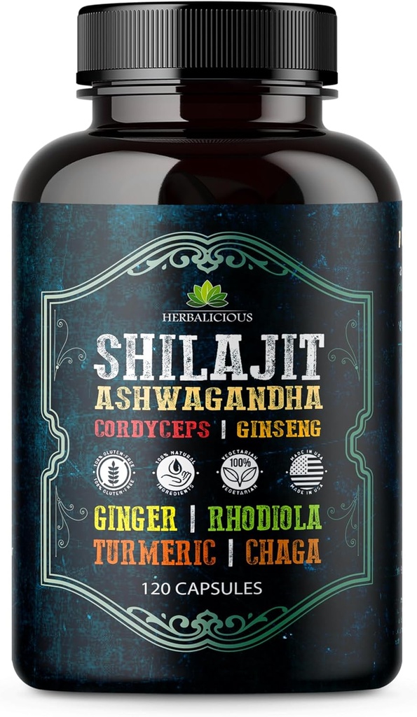 Shilajit meestele - 8-in-1 Adaptogeensed toidulisandid ashwagandha, korditsepsi, ženšenni, Rhodiola, kurkumi, Chaga & ingveriga - looduslik energia, stressi leevendamine ja immuunsus - 120 vegankapslit