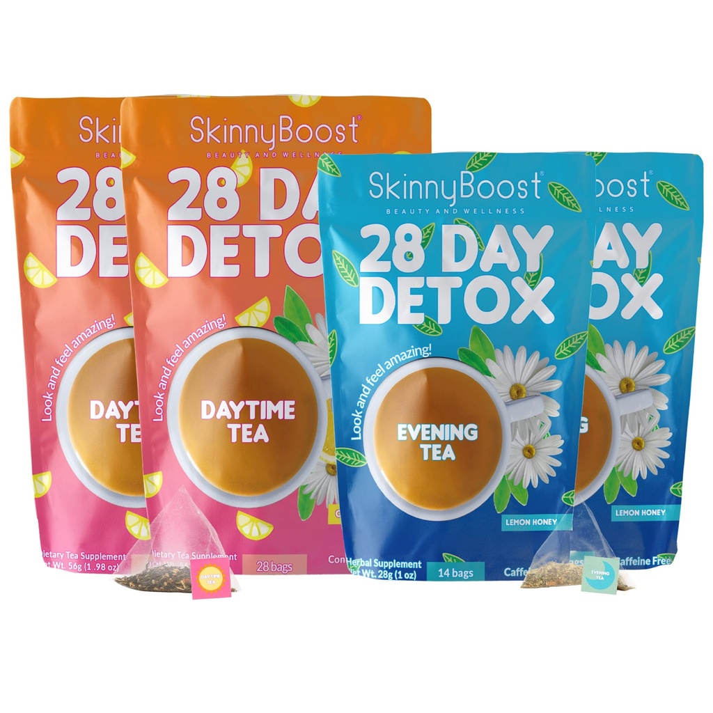 Skinny Boost Detox Tea Kit - 4 PAKK - 2 päevane tee (56 kotti) 2- Õhtune tee (28 kotti) - Taimne Detox kaalu, ainevahetuse, energia, Bloating & Colon Cleanse - Roheline tee, Vegan, Keto, Non-GMO, Sugar Free