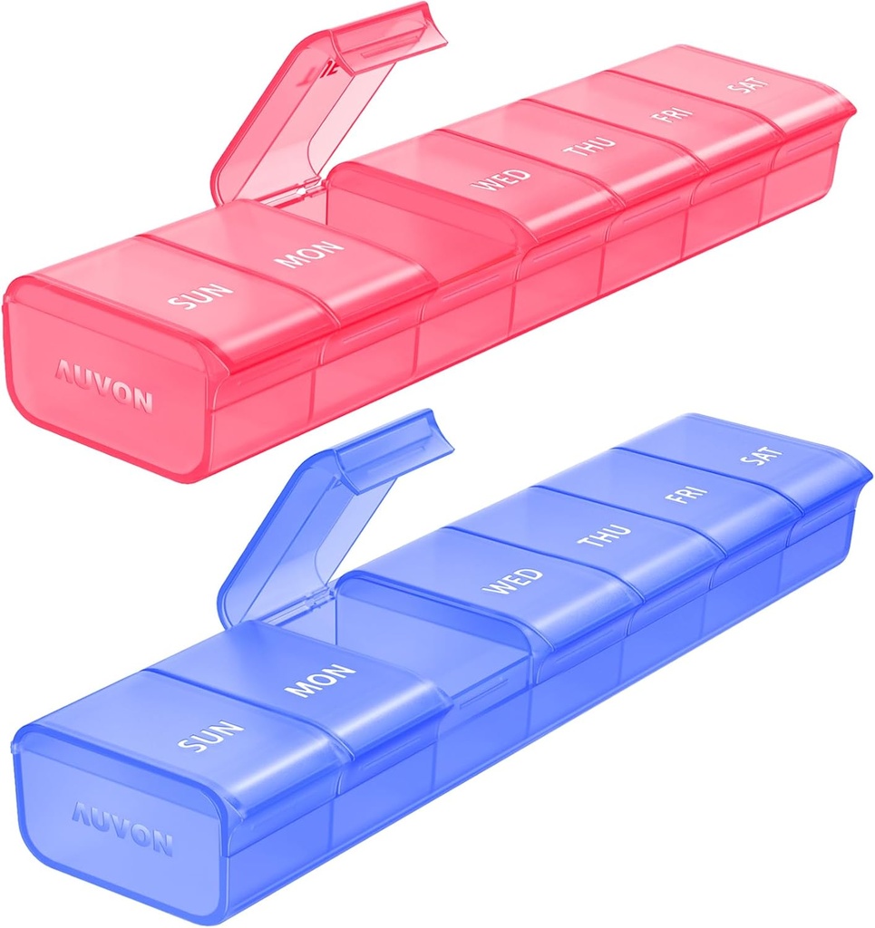 AUVON 2 Pack Weekly Pill Korraldaja, Kahevärviline Suured Pillid komplekt mitme pillide jälgimiseks, Pill Box 7 päeva reisimiseks, Pill Konteiner kodus kasutamiseks, et hoida vitamiine, toidulisandeid, ravimeid