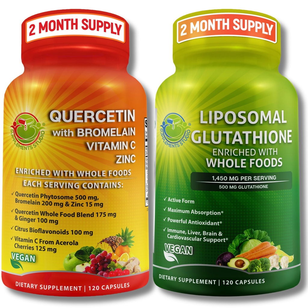 Immune & Cellular Support Bundle - Liposomal Glutatioon 500mg kogu toidu ja kvertsetiin Bromelain, vitamiin C ja tsink kogu toidu kompleks - Vegan, mitte-GMO, puhas igapäevane heaolu tugi