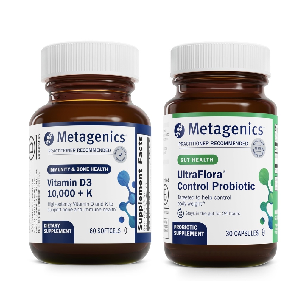 Metageenika Vitamiin D3 10 000 + K (60 Softgels) & UltraFlora Control Probiootikum (30 Servings) - toetab luu ja südame tervist - Aids Tervislik kehakoostis
