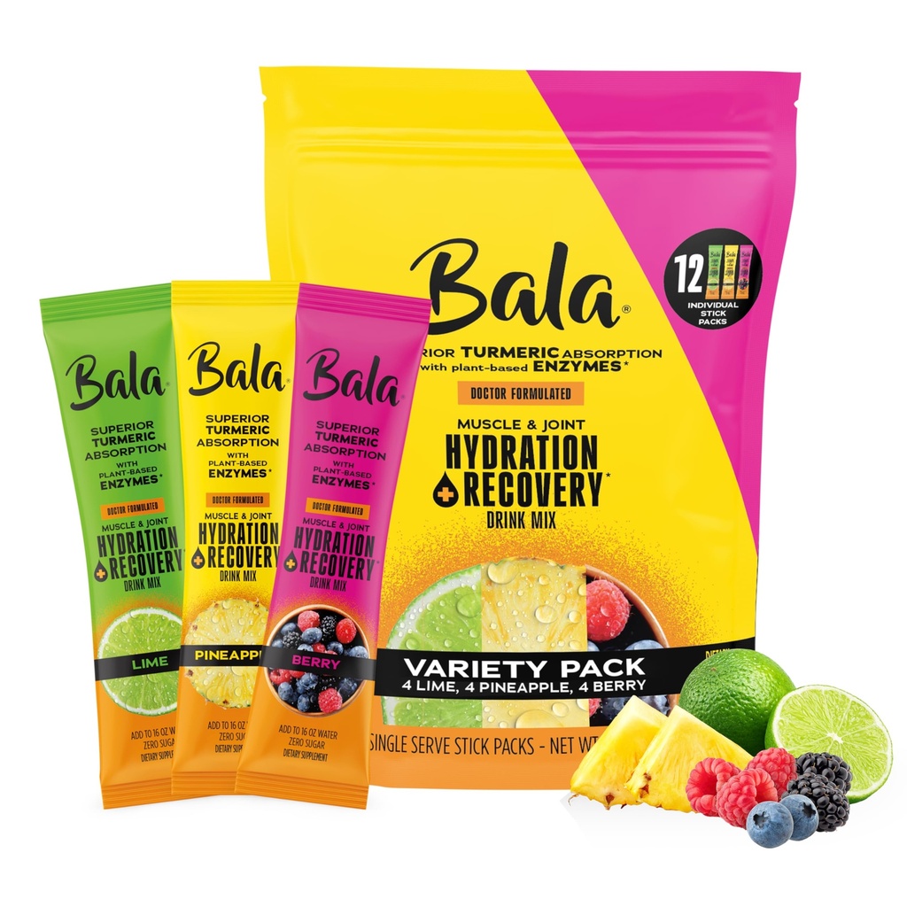 Bala Enzyme Hüdreerimine Ja Suhkruvaba Joogi Segu - Kurkum, Bromelain, Papain - Immuunsus, Liikuvus - Variety Pack 0,25oz (12 Count)