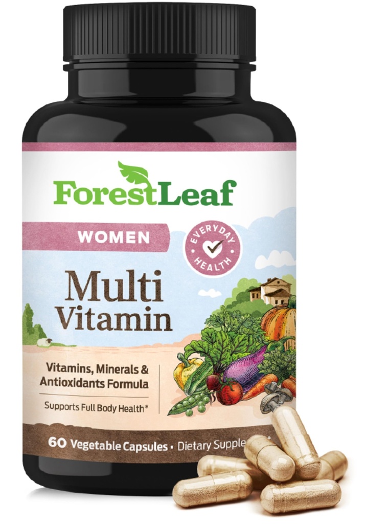 ForestLeaf Daily Vitamiin Multivitamiin Naistele, Multi-Vitamiin Naistele - Naiste Multivitamiinid Ja Multimineraalid Täiendus | Kõik Tervise Ja Energia Vajalikud Vitamiinid | 60 Veg Caps