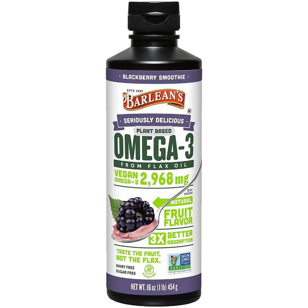Barlean's Vegan Omega 3 6 9 Flaxseed Oil Vequid Supplement, BlackBerry Smoothie, Linaseemneõli, 2,968 mg ALA rasvhape, Non-GMO ja Gluteenivaba, 16 oz