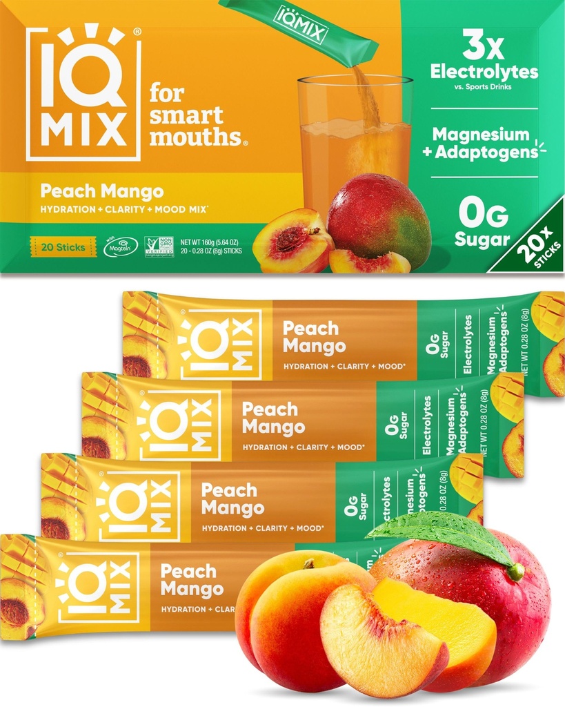 IQMIX hüdratatsiooni elektrolüütide pulber - 4-in-1 hüdratsiooni, vaimse selguse, meeleolu ja taastumise valem - suhkruvaba joogi segu, Keto, Magneesium L-Threonate, Lõvi Mane - 20 krahv Peach Mango