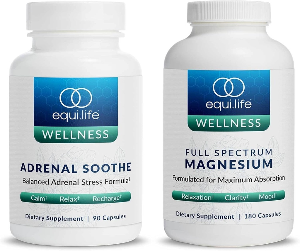 Equilife Full Spectrum Magneesium (180 ct.) ja Adrenal Soothe (90 caps) Bundle Mood & Energy Support Supplement, Vegan, Non-GMO