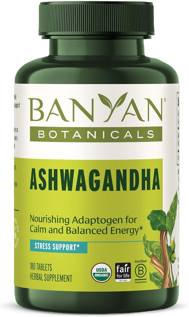 Banyan Botanicals Ashwagandha tabletid – orgaaniline Ashwagandha juur – tuntud taimeadaptogeen loodusliku energia toetamiseks ja stressi toetamiseks * – 180 tabletti – geneetiliselt muundamata vegan
