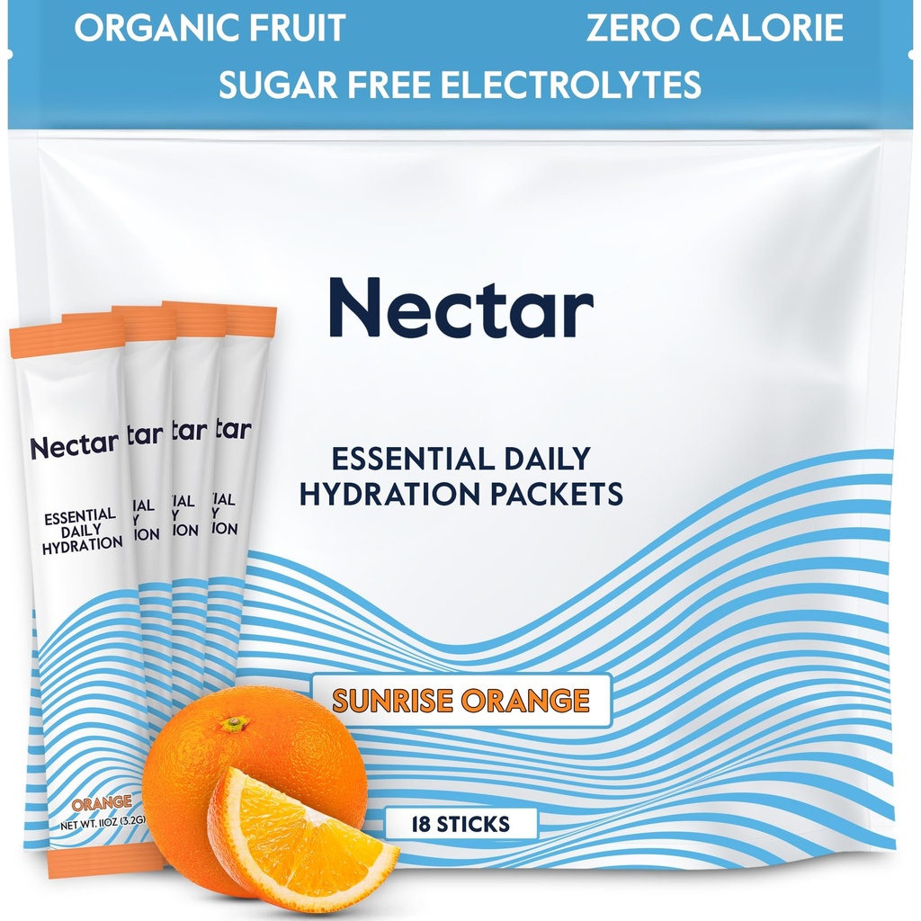 Nectar Hydration Packets - Elektrolüütide pulbripaketid - Ilma suhkru või kaloriteta - Orgaaniline puuviljavedelik Daily IV Elektrolüütide pulber dehüdratsiooni leevendamiseks ja kiireks rehüdreerimiseks (Orange 18 Pack)