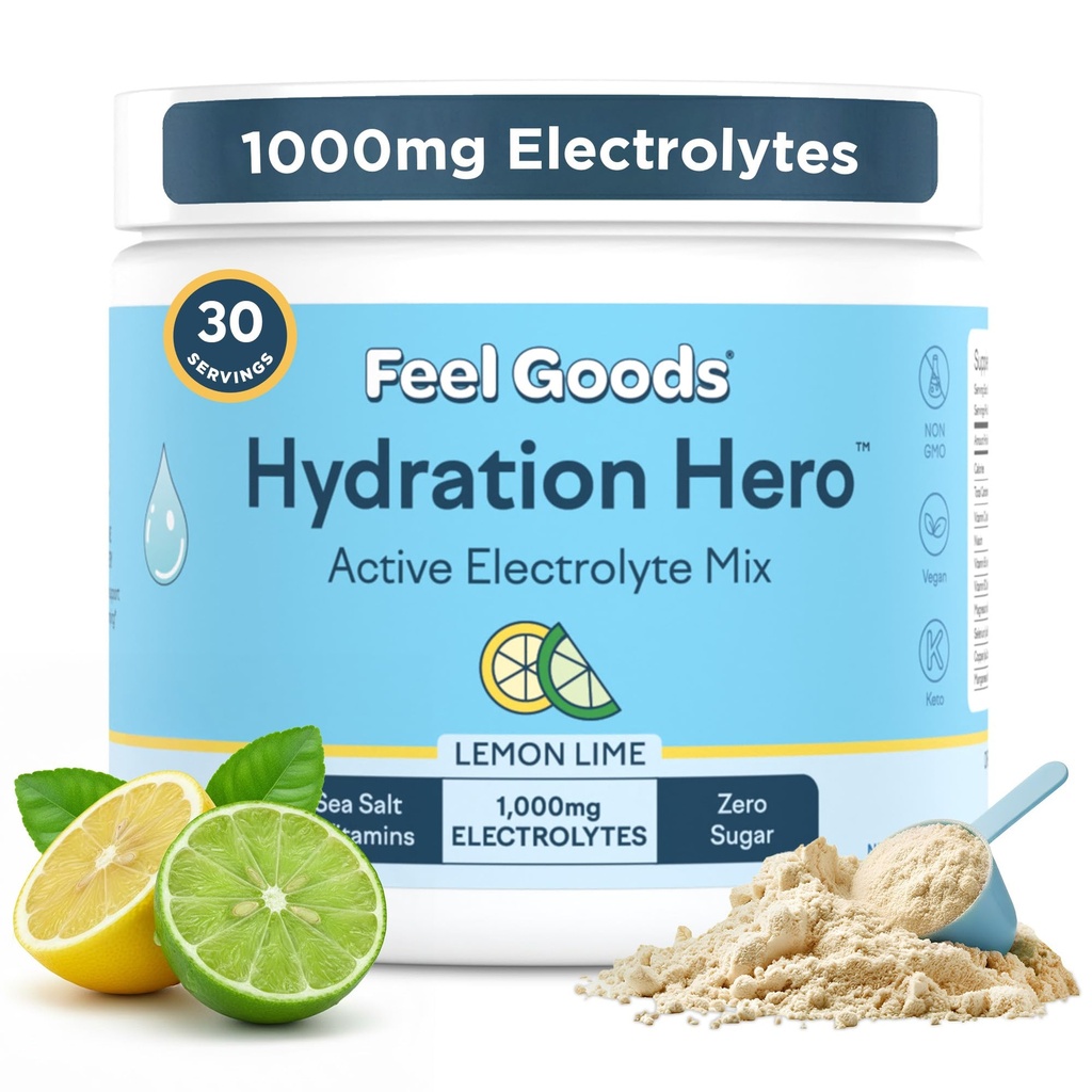 Feel Goods Hüdratsioon Hero, 1000mg Elektrolüütide Pulber, Suhkruvaba, Magneesium, Orgaaniline Aloe Vera, Orgaaniline Aloe, L Theanine, C & B12, Mitte-GMO, Keto, Vegan | Sidrunlubja, 30 Servingut