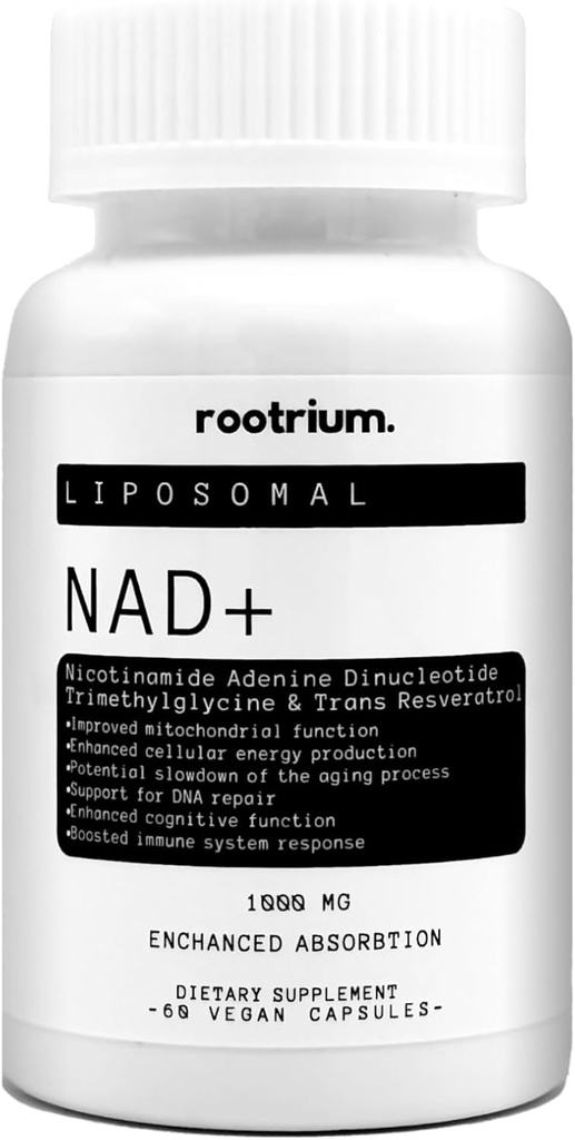 Rootrium Liposomal NAD+ 1000mg koos Resveratrooli & TMG-ga - kolm ühes tõhustatud energiaga, DNA parandamine ja vananemisvastane valem - ajufunktsiooni suurendamine ja rakutervis, 60 taimekapslit