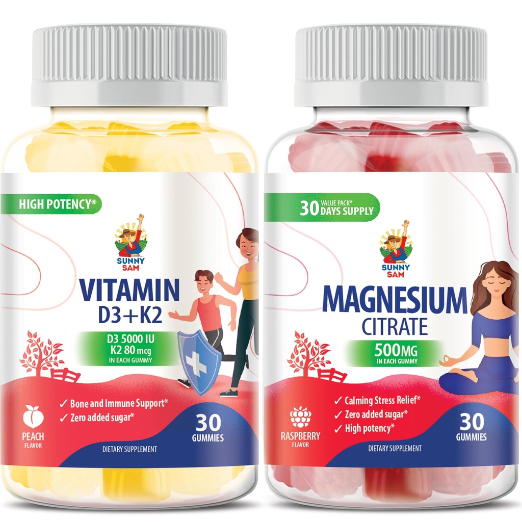 Magneesiumkummid lastele ja täiskasvanutele - 500 mg ja vitamiin D3 K2 kummid 5000 RÜ. Calm Magnesium Chews - Magneesium tsitraat närimistable täiendada meeleolu ja lihaste toetust