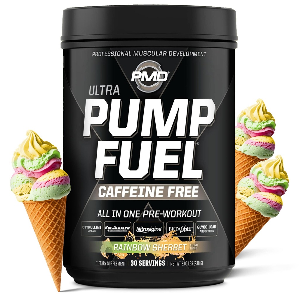 PMD Sport Pump Kütus Ultra Kofeiin Tasuta - Premium Pre Workout Pulber & Lihaspump, Suurem fookus, Vastupidavus & Taastamine, Premium Kreatiin, Arginiin & Beeta Alanine - Vikerkaare šerbet (30 Servings)