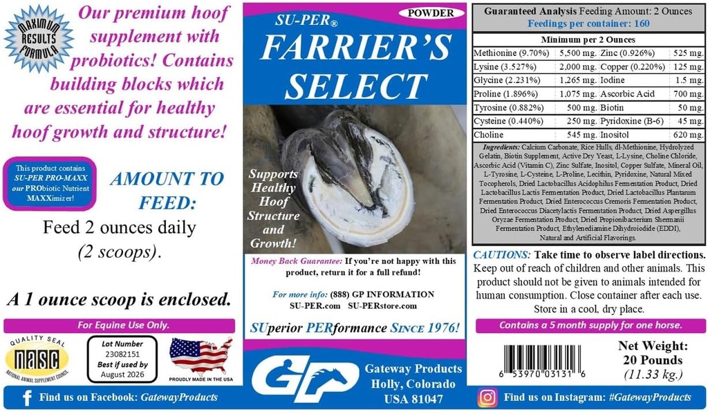 SU-PER Farrier's Select Hoof Supplement - Horse Premium Hoof Care Supplement koos probiootikumidega - Tervislik Hoof Growth - 20 naela, 5 kuu pakkumine