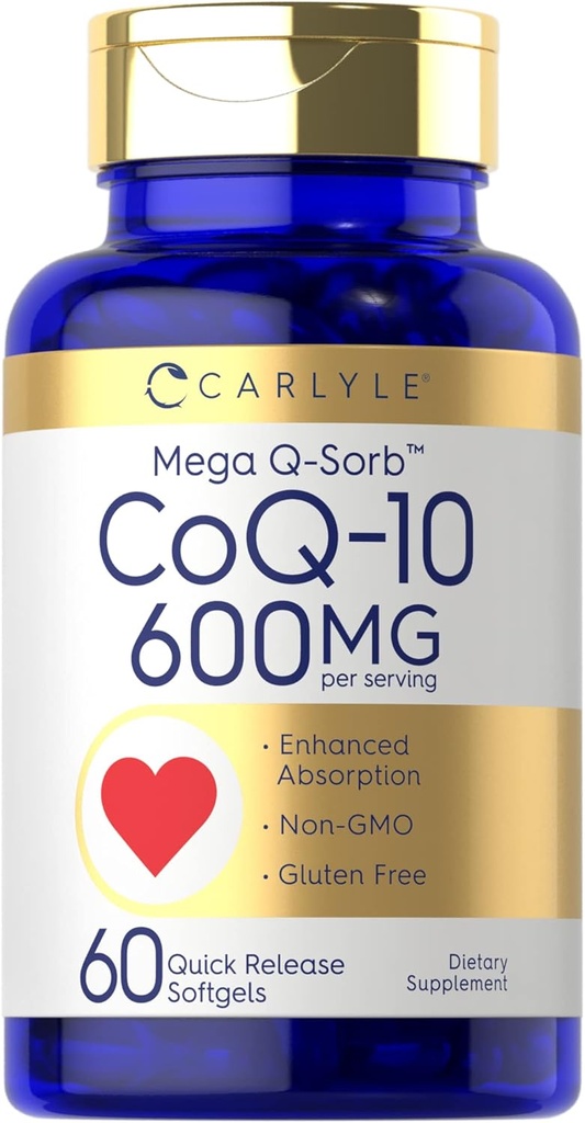 Carlyle CoQ10 600 mg Softgels | 60 Count | Mega Q- Sorbi koensüüm Q-10 | Black Pepper Extract | Non-GMO & Gluten Free Supplement